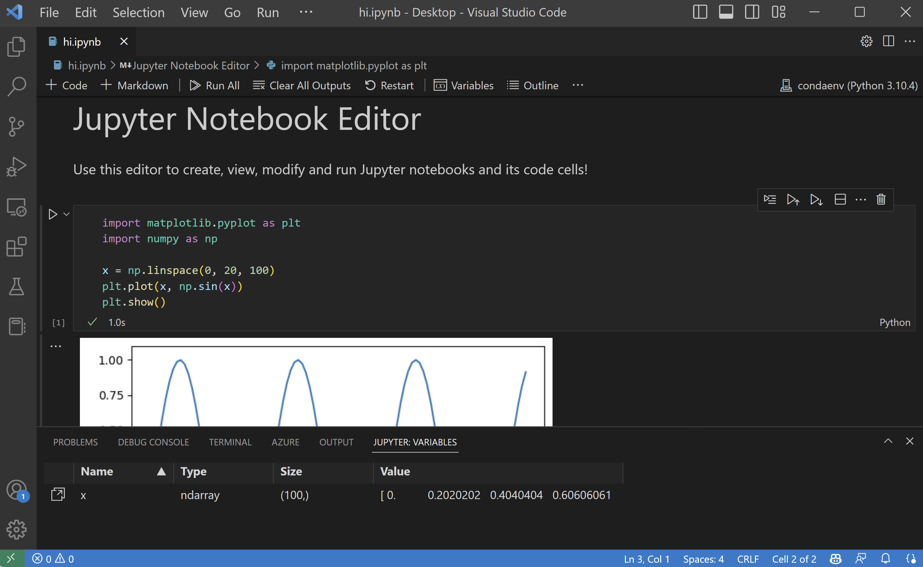 Jupyter notebook running in VS code in the Notebook Editor