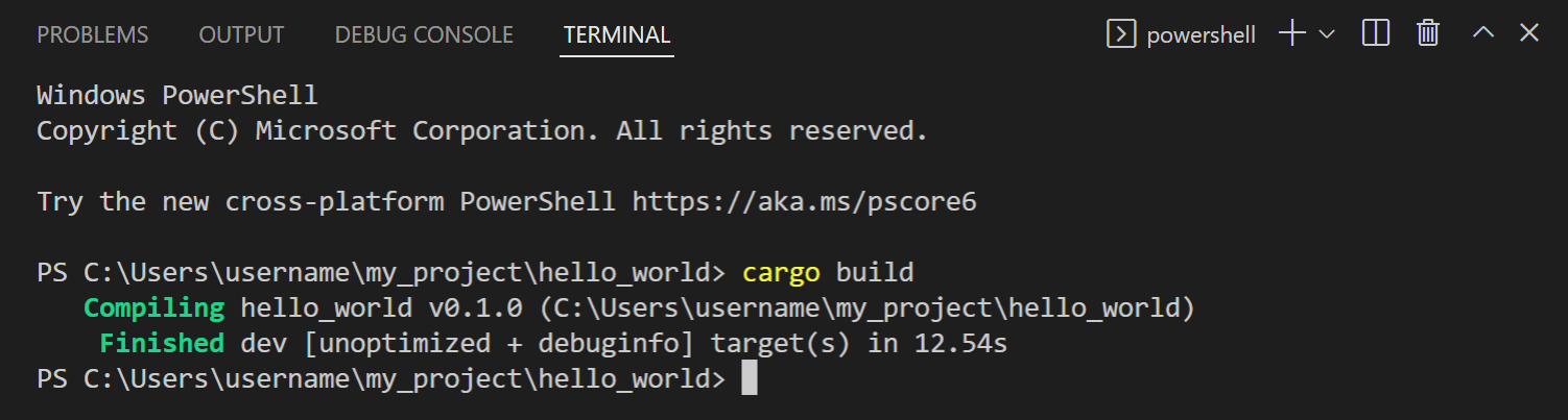 Cargo build output in the integrated terminal