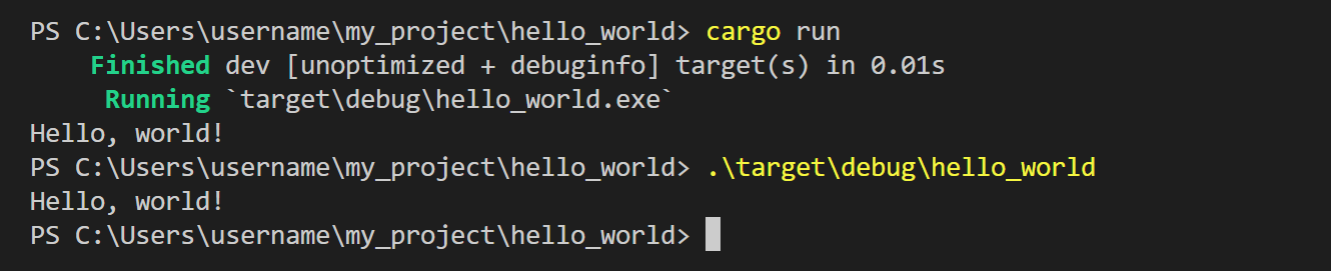 Manually running hello_world.exe output in the integrated terminal