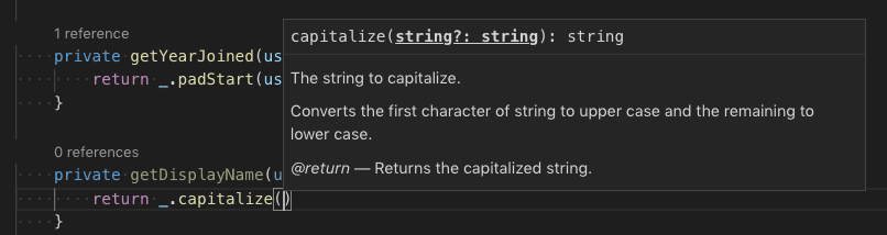 Signature help for the lodash capitalize function