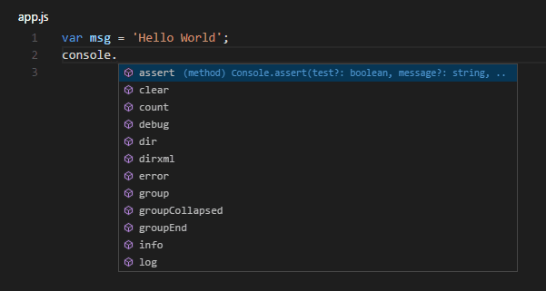 bảng điều khiển IntelliSense