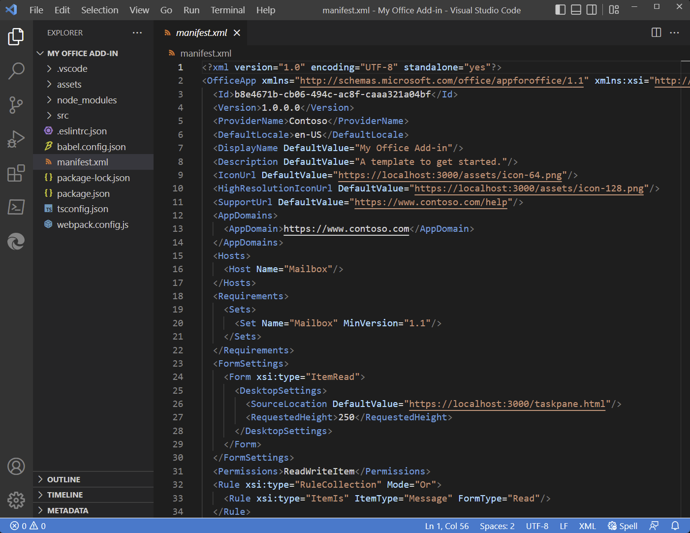The manifest.xml file of an Office Add-ins project in Visual Studio Code