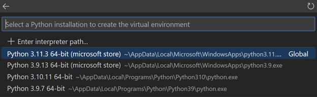 List of available global environments that can be used to create a virtual environment