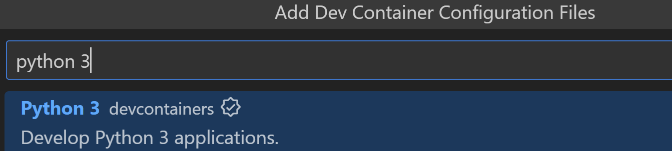 Python 3 option selected in the Dev Containers configuration files list
