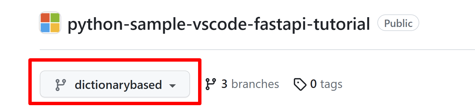 dictionarybased branch selected in the python-sample-vscode-fastapi-tutorial GitHub repo
