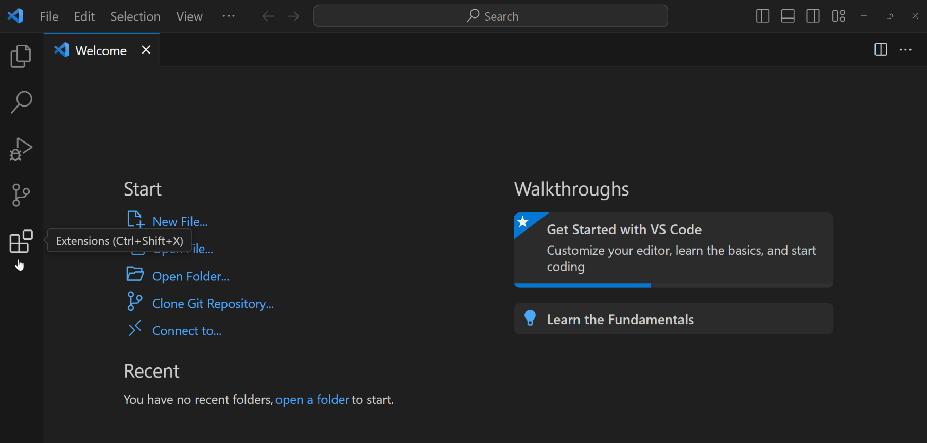 Gif installing the Python extension in a fresh install of VS Code