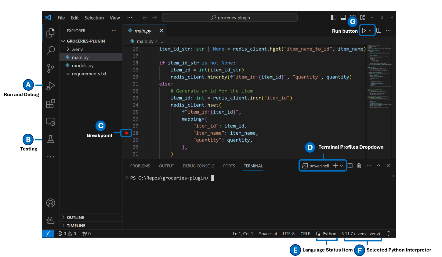 Image of the Python UI highlights in VS Code.