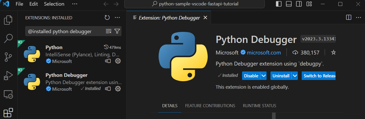 Python Debugger extension shown in installed extensions view in VS Code.