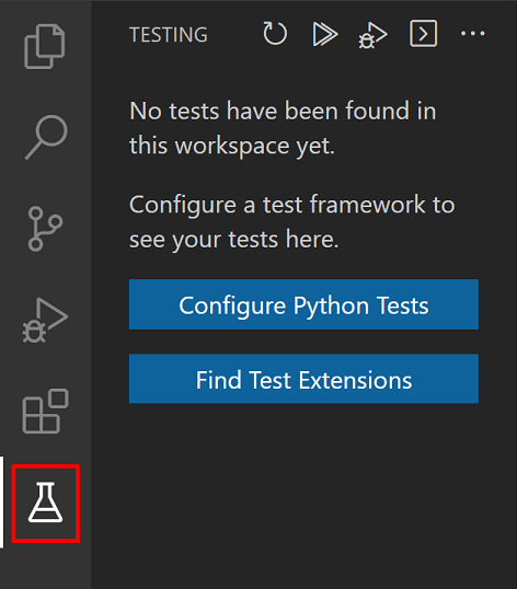 Configure Python Tests button displayed in the Test Explorer when tests haven't been configured.