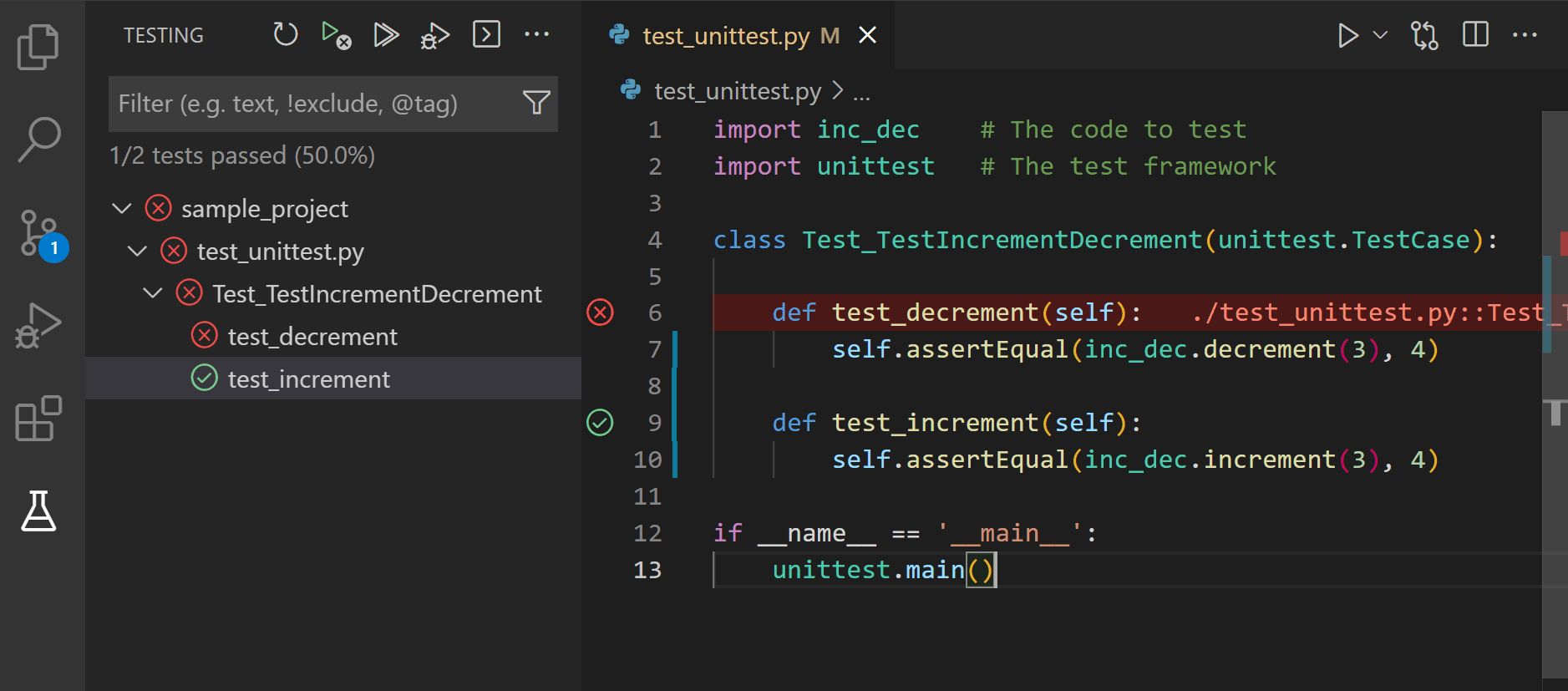 Screenshot of Python tests in VS Code testing tab