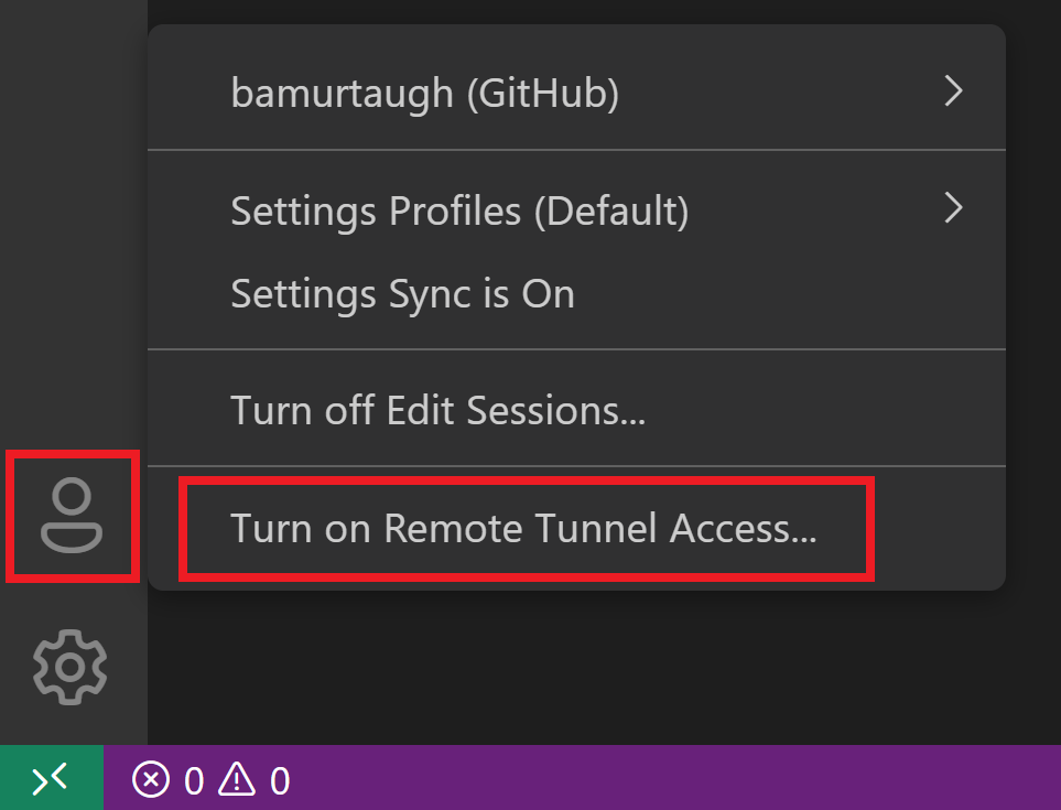 Turn on Remote Tunnel Access via the VS Code Account menu