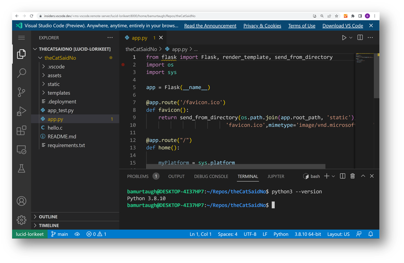 vscode.dev connected to the VS Code Server