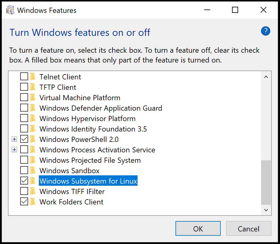 Turn Windows features on and off dialog