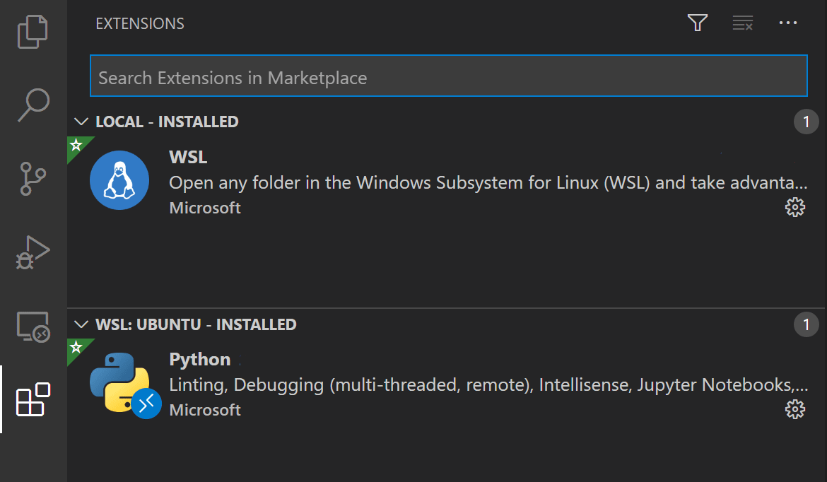 WSL installed extensions
