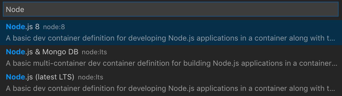 Select a node dev container definition