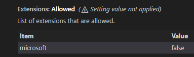 Settings editor showing a warning message for the 'Extensions: Allowed' setting.