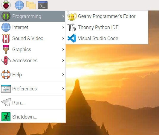 Visual Studio Code under the Programming menu on Raspberry Pi