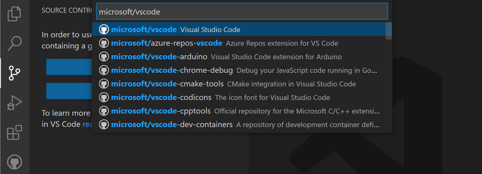 GitHub repository dropdown filtered on microsoft/vscode