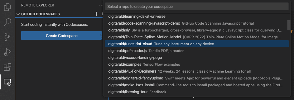 Creating a codespace from a repo within VS Code Desktop