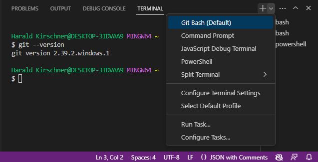 Как добавить git bash в visual studio code