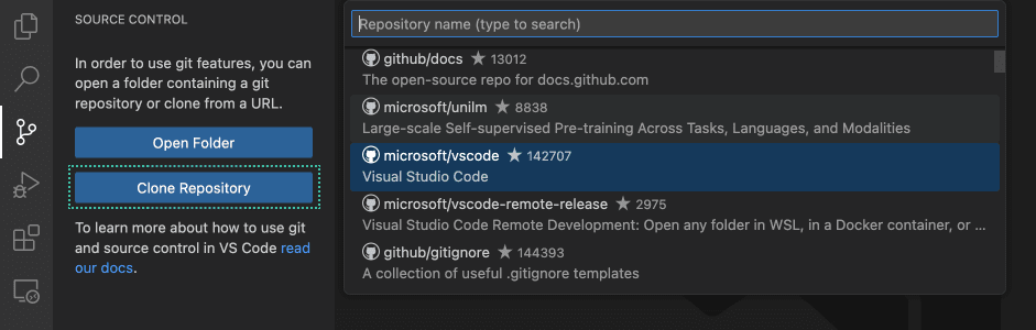 Screenshot of the Clone Repository quick prompt, searching for repositories with the name vscode