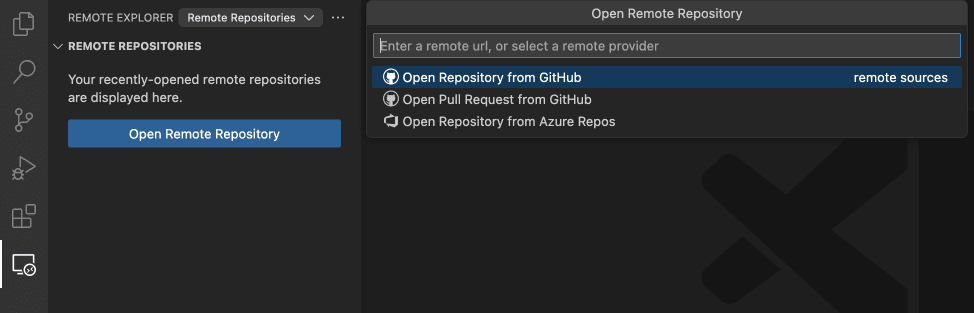 Remote Repositories opening a remote GitHub repo, pull request or Azure repo