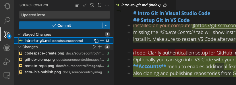 Source Control view with one file staged and other changes, a diff showing in the editor that highlights the changes