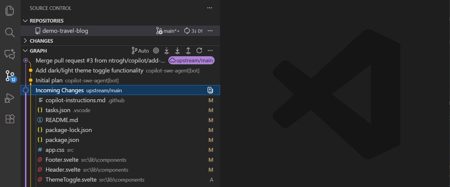 Screenshot of the Source control graph showing commit history.