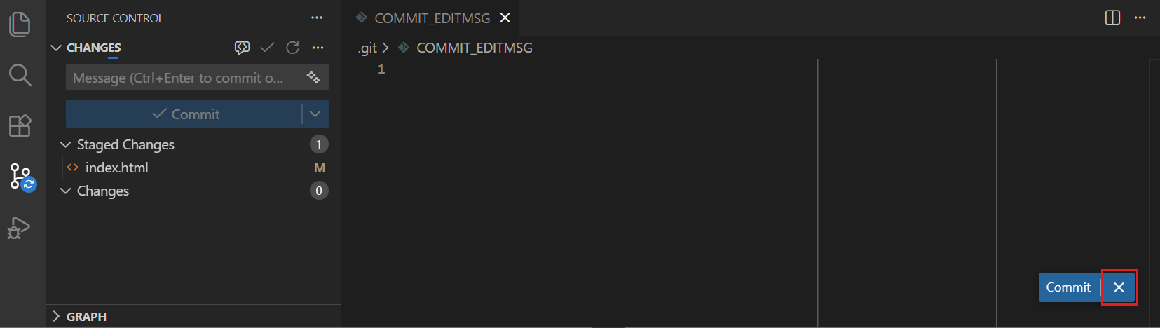 Screenshot showing the commit message written in the COMMIT_EDITMSG editor, highlighting the Cancel button.