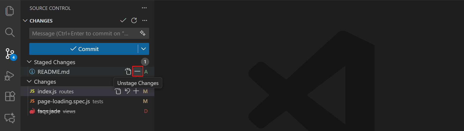 Screenshot of unstaging changes in the Source Control view.