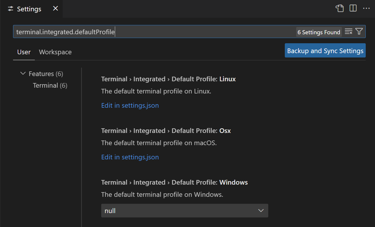 Search for Integrated terminal settings