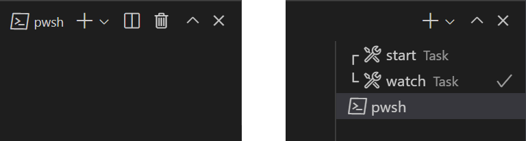 A blank terminal without tabs and then with tabs displayed for three terminals