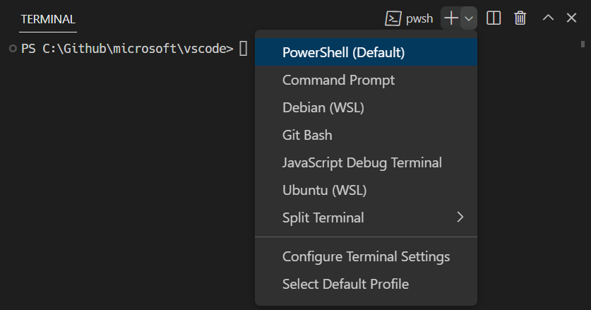 A detected profile can be chosen in the dropdown next to the new terminal button. Some examples on Windows include PowerShell, Command Prompt, Git Bash and WSL