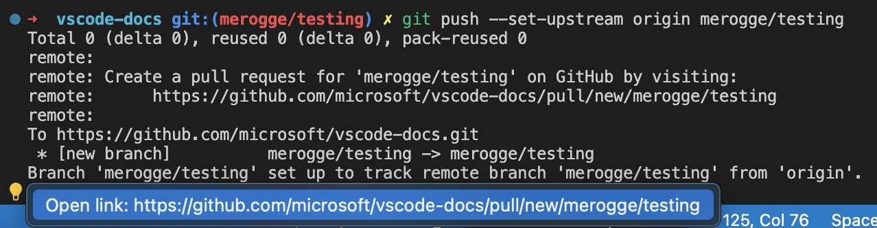 Running 'git push --set-upstream' will present a lightbulb that opens a dropdown with an option to open a new PR on github.com