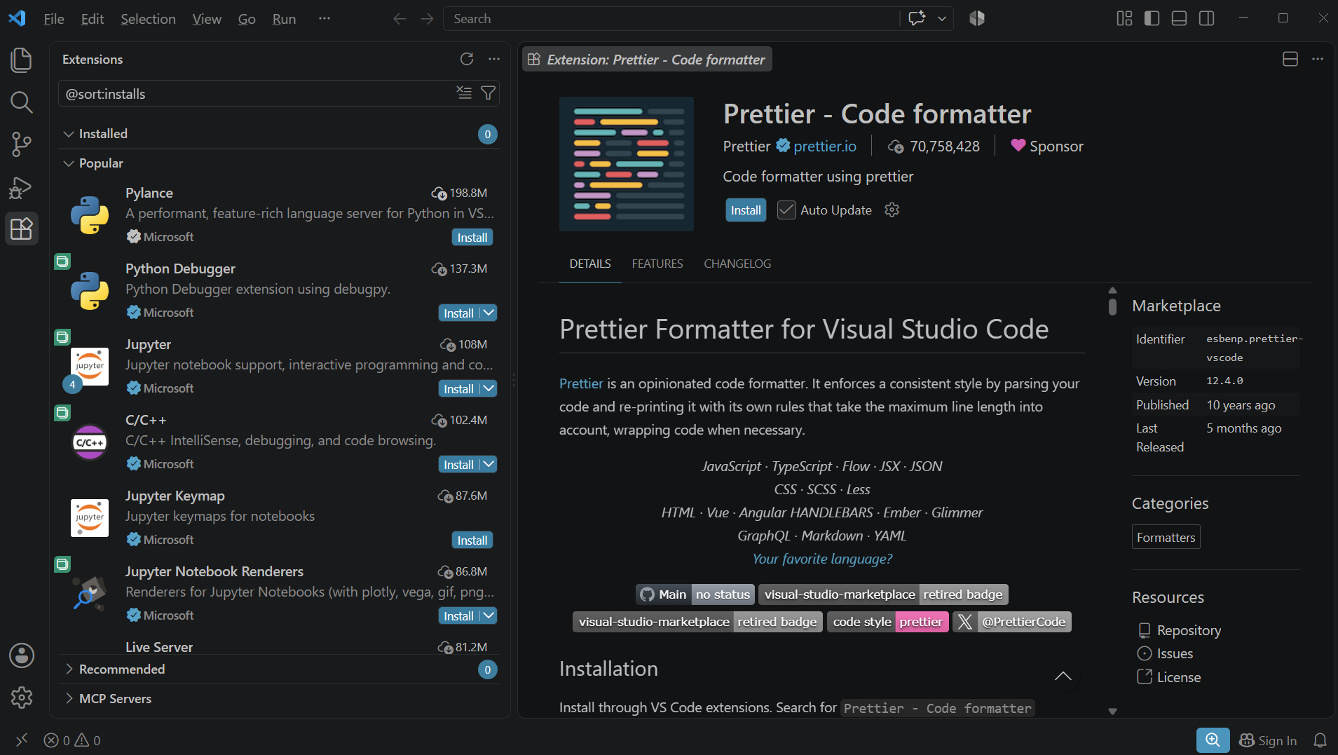 Popular extensions in the VS Code Extensions view.