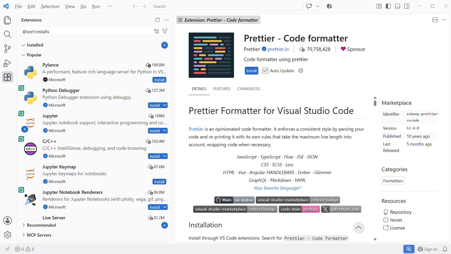 Popular extensions in the VS Code Extensions view.