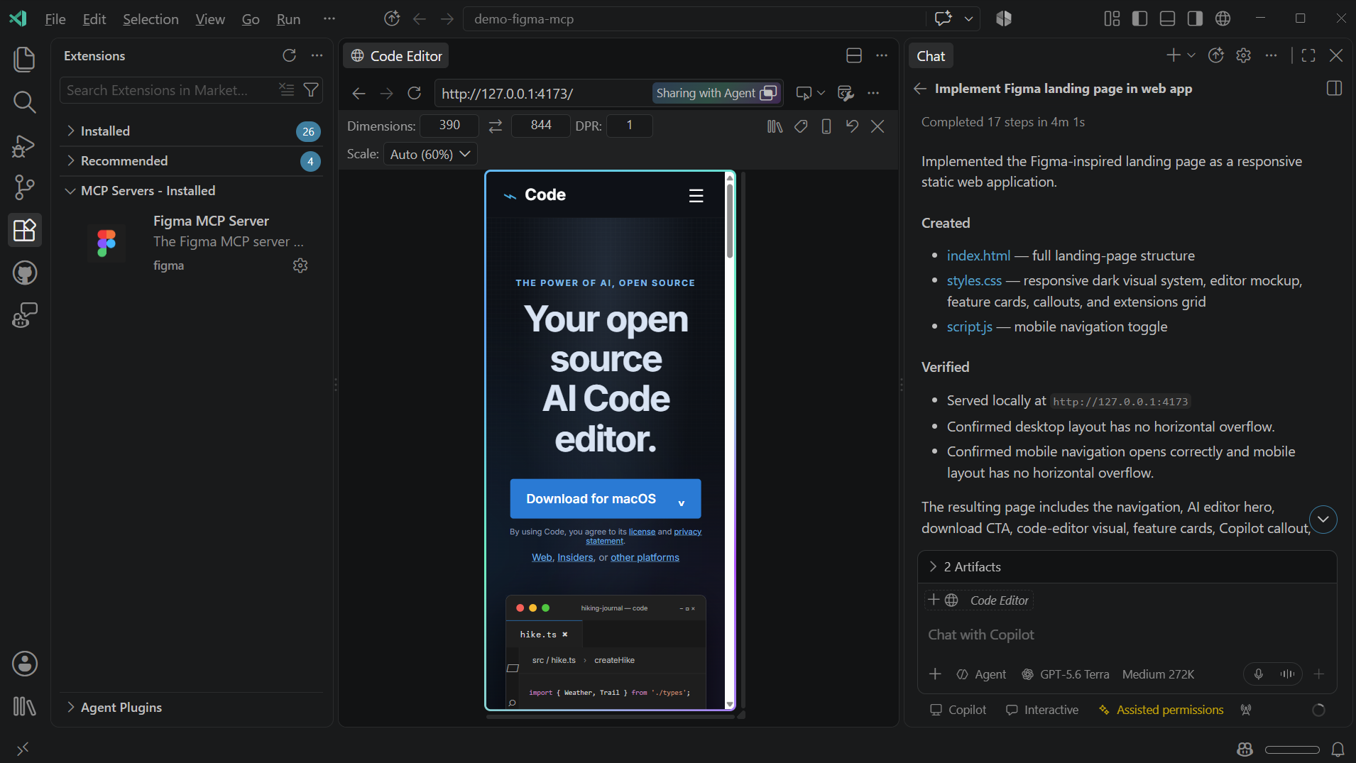 Agent session using the Figma MCP server to implement a mockup from Figma.