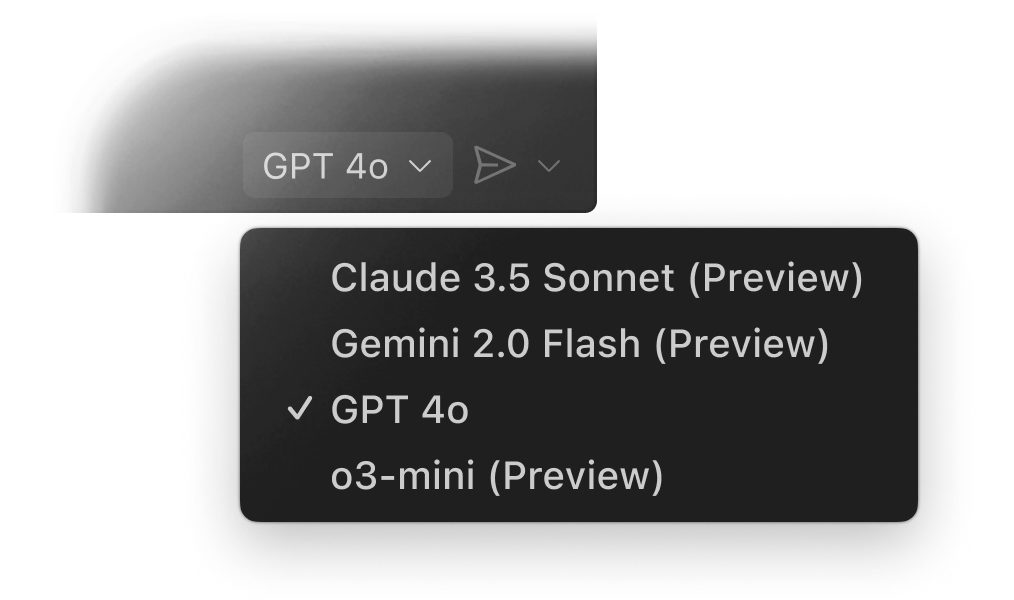 Dropdown menu in GitHub Copilot Chat displaying AI model options: 'GPT 4o' selected, with other options like 'Claude 3.5 Sonnet (Preview)', 'Gemini 2.0 Flash (Preview)', and 'o3-mini (Preview)'