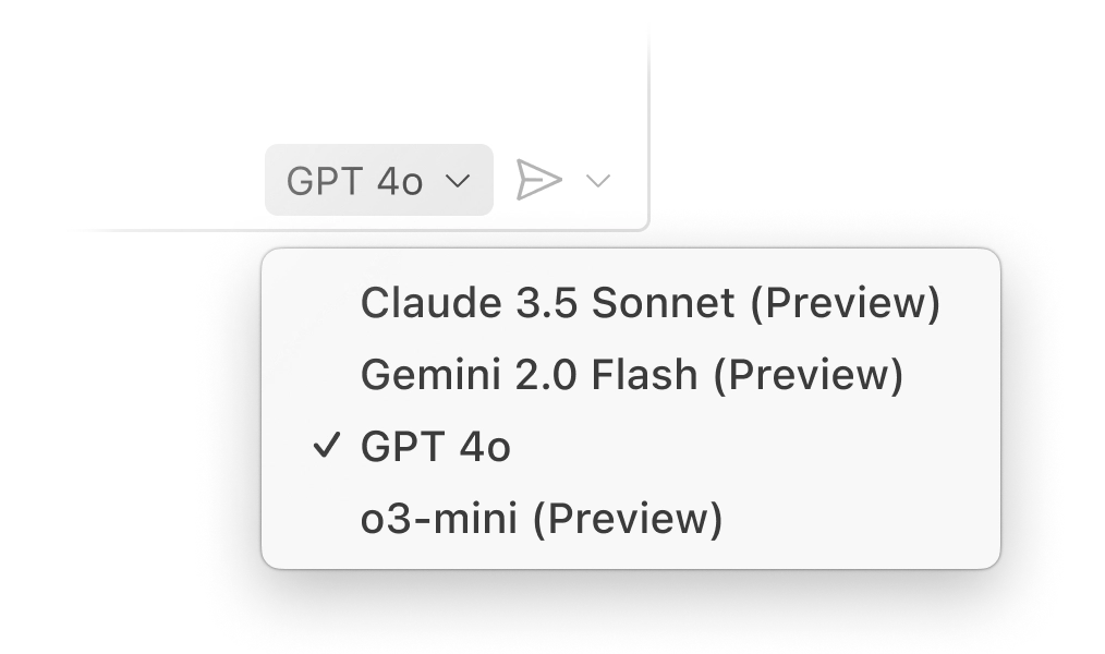 Dropdown menu in GitHub Copilot Chat displaying AI model options: 'GPT 4o' selected, with other options like 'Claude 3.5 Sonnet (Preview)', 'Gemini 2.0 Flash (Preview)', and 'o3-mini (Preview)'