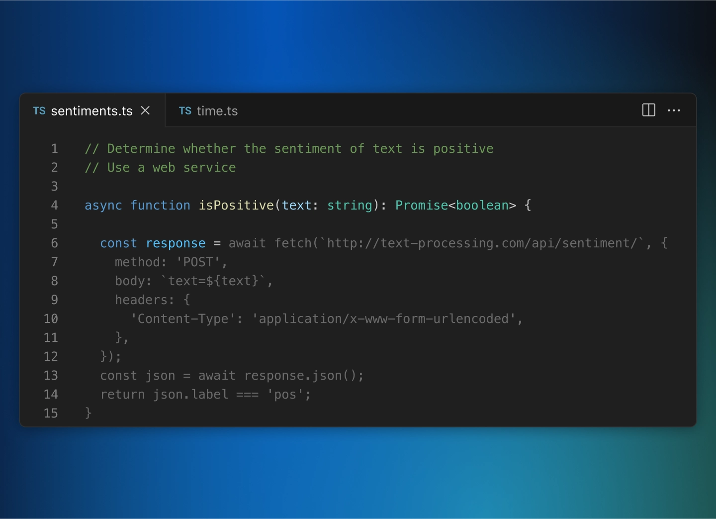 Code editor showing a TypeScript file sentiments.ts. It defines an isPositive function that determines if a text sentiment is positive by calling an external API. Copilot completions is suggesting how to complete the implementation.