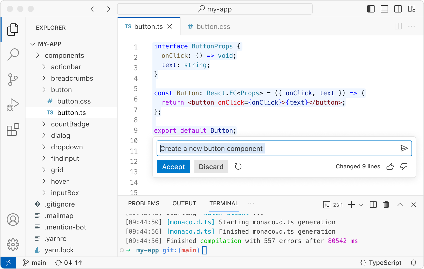 Visual Studio Code in action with AI-powered suggestions from GitHub Copilot, built-in terminal and powerful extensions for all languages and tools