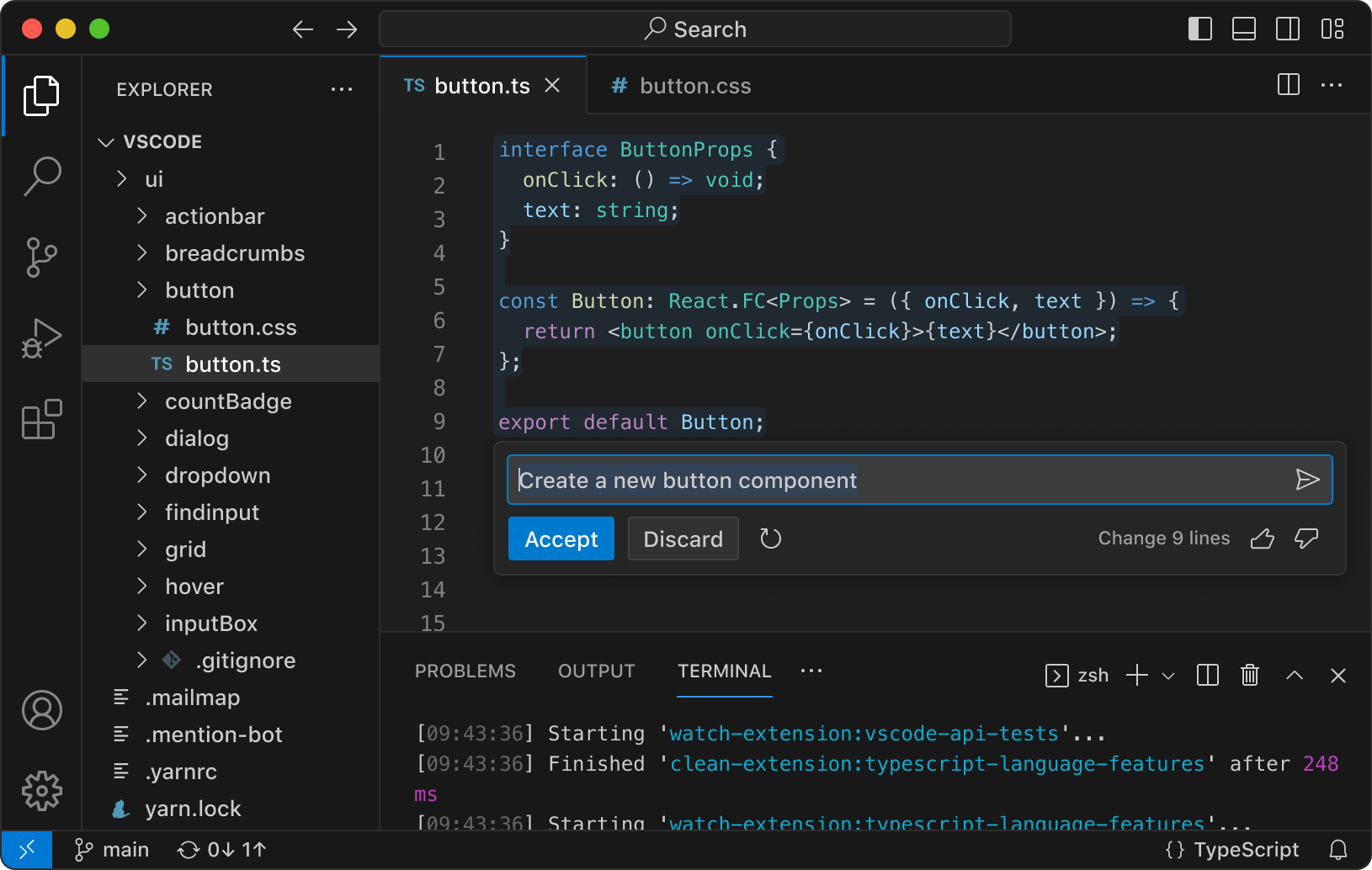 Visual Studio Code in action with AI-powered suggestions from GitHub Copilot, built-in terminal and powerful extensions for all languages and tools