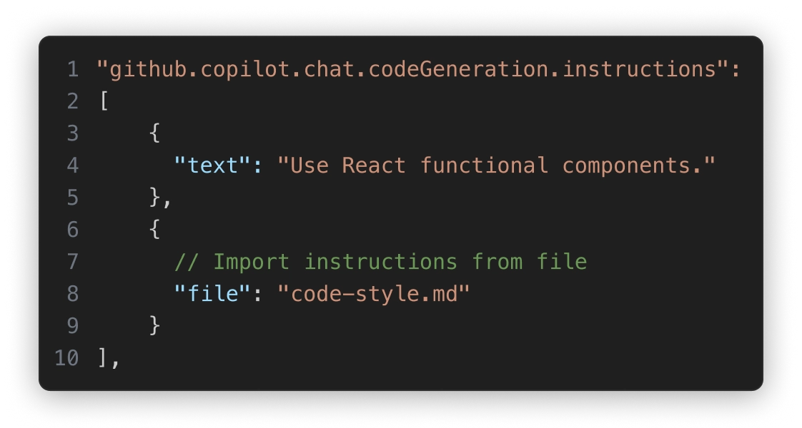 Settings JSON for copilot instructions, the first set to `use React functional components', then including another file for extra instructions 'code-style.md'.