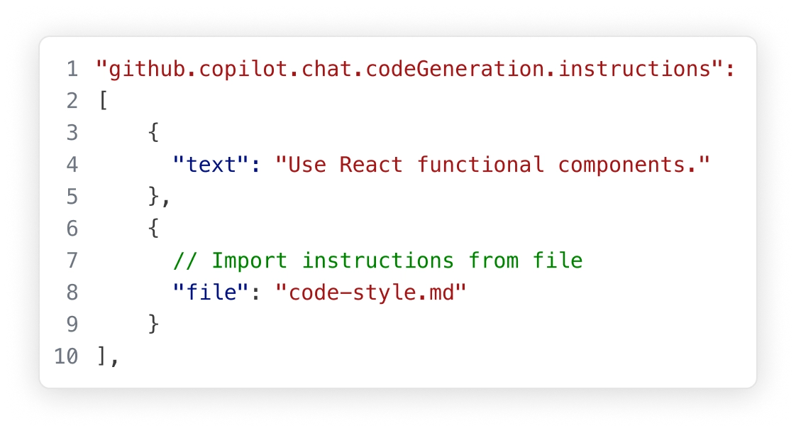 Settings JSON for copilot instructions, the first set to `use React functional components', then including another file for extra instructions 'code-style.md'.