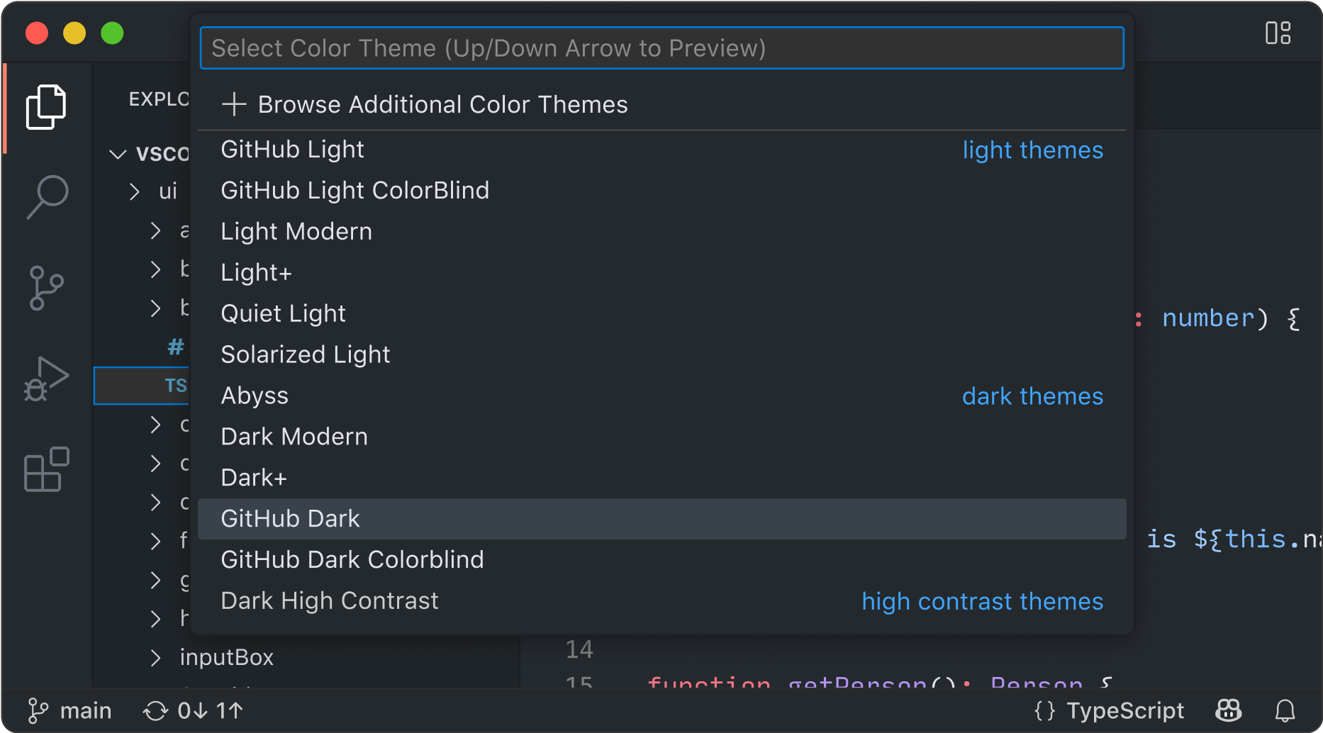 Selecting the GitHub Dark theme with a quick pick