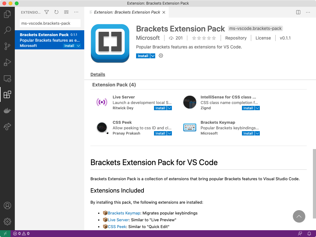 VS Code screenshot: Brackets extension pack