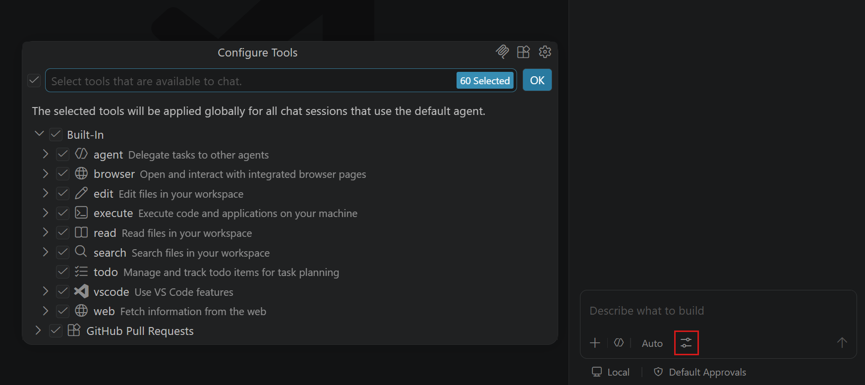 Screenshot showing the Chat view with the Configure Tools button in the chat input.