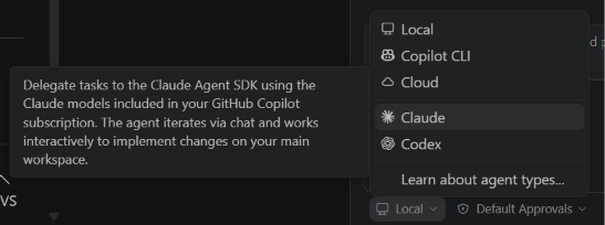 Screenshot showing session type dropdown with Claude agent option selected.
