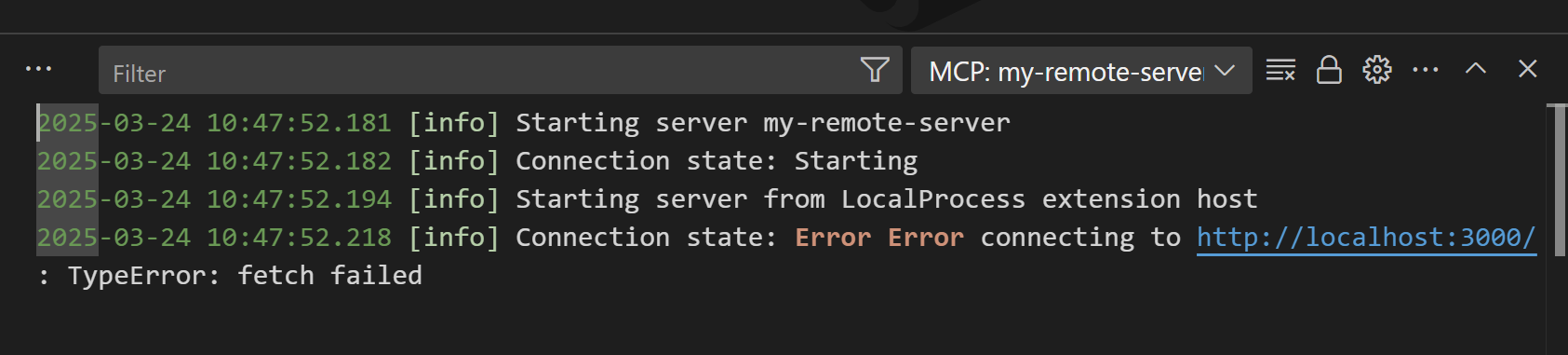 Screenshot showing the MCP server output panel with logs.
