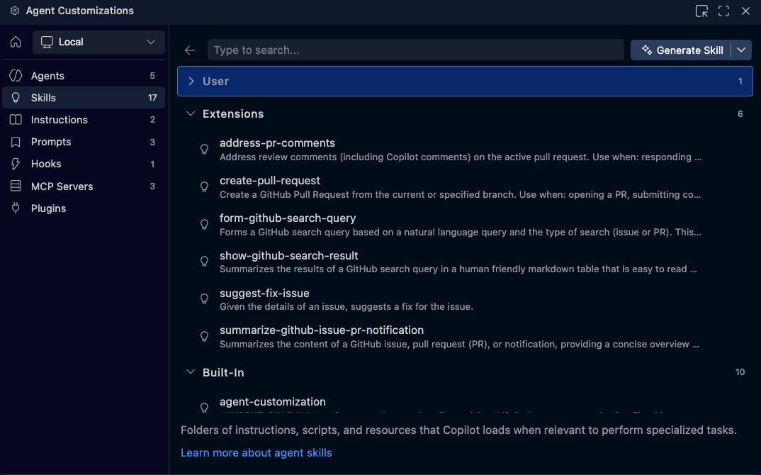 Screenshot of the Agent Customizations view in VS Code showing agents, skills, instructions, prompts, and hooks